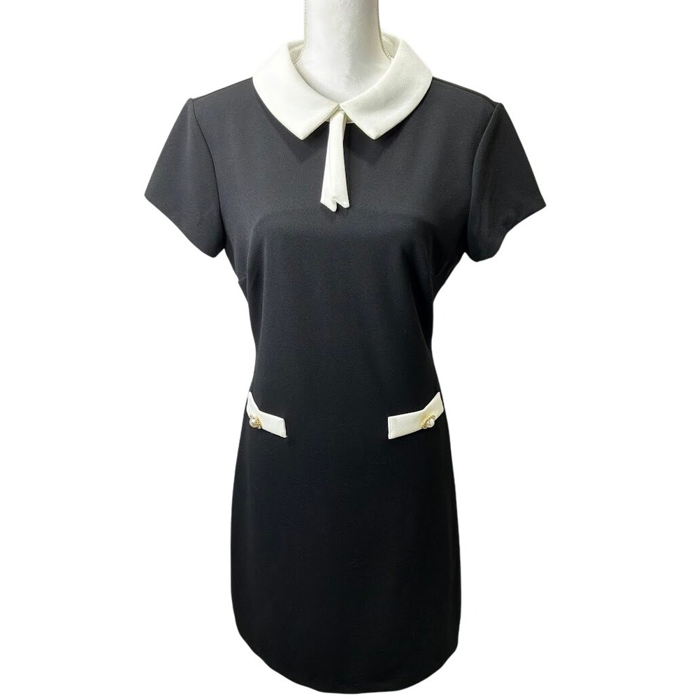 Alexia Admor Sandra Peter Pan Collar Shift Dress Black White Pockets NWT M
